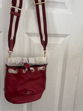 Coach Red Pebbled Leather Crossbody with Striped Strap